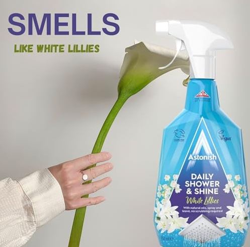 Astonish Daily Shower and Shine White Lilies| Vegan and Cruelty-free Shower Spray |For glass tiles chrome and plastic |Shower doors tubs and faucets | 750ml Household Soap