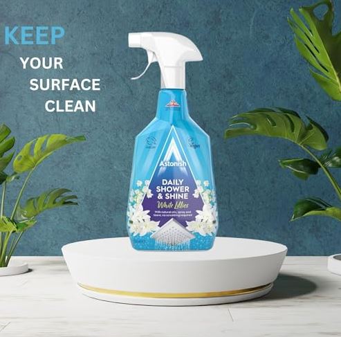 Astonish Daily Shower and Shine White Lilies| Vegan and Cruelty-free Shower Spray |For glass tiles chrome and plastic |Shower doors tubs and faucets | 750ml Household Soap