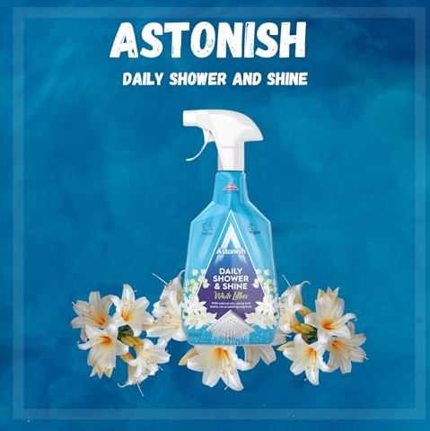 Astonish Daily Shower and Shine White Lilies| Vegan and Cruelty-free Shower Spray |For glass tiles chrome and plastic |Shower doors tubs and faucets | 750ml Household Soap