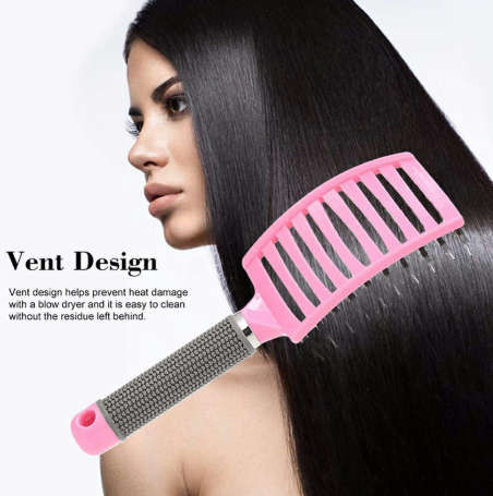 Natural Boar Bristle Detangling Nylon Brush Large Curved Curly Hair Styler - Pink