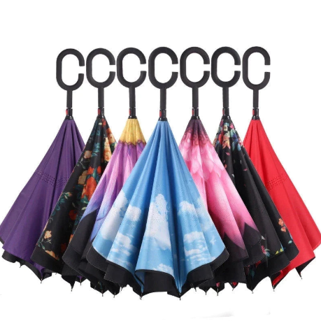 Reverse Inverted Double Layer Umbrella with C Handle Assorted Designs 80cm