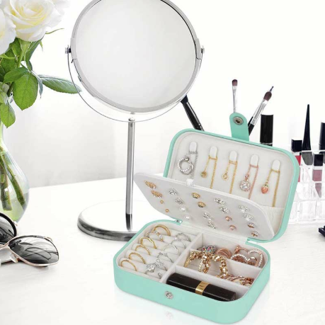 Mini Small Organizer Portable Display Storage Case for Women Earrings Rings Leather Jewelry Box - Green