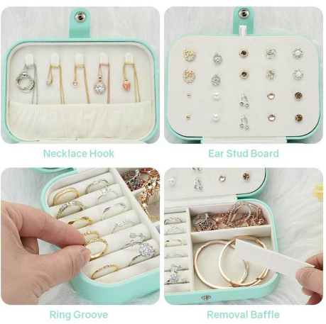 Mini Small Organizer Portable Display Storage Case for Women Earrings Rings Leather Jewelry Box - Green