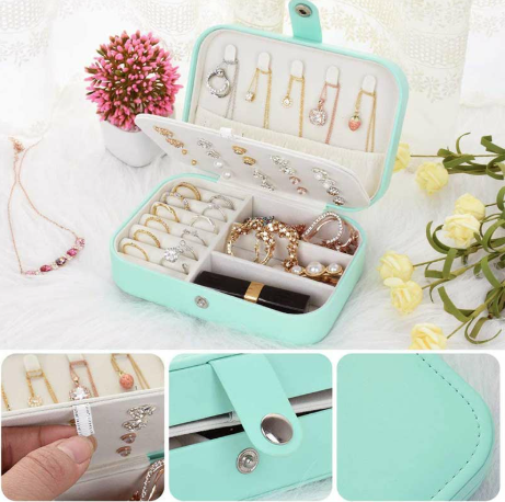 Mini Small Organizer Portable Display Storage Case for Women Earrings Rings Leather Jewelry Box - Green