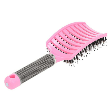 Natural Boar Bristle Detangling Nylon Brush Large Curved Curly Hair Styler - Pink