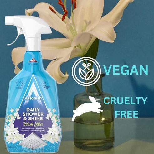 Astonish Daily Shower and Shine White Lilies| Vegan and Cruelty-free Shower Spray |For glass tiles chrome and plastic |Shower doors tubs and faucets | 750ml Household Soap