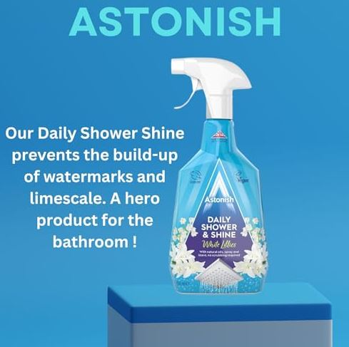 Astonish Daily Shower and Shine White Lilies| Vegan and Cruelty-free Shower Spray |For glass tiles chrome and plastic |Shower doors tubs and faucets | 750ml Household Soap
