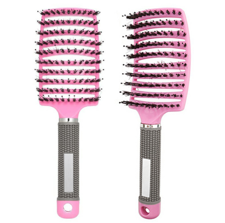 Natural Boar Bristle Detangling Nylon Brush Large Curved Curly Hair Styler - Pink