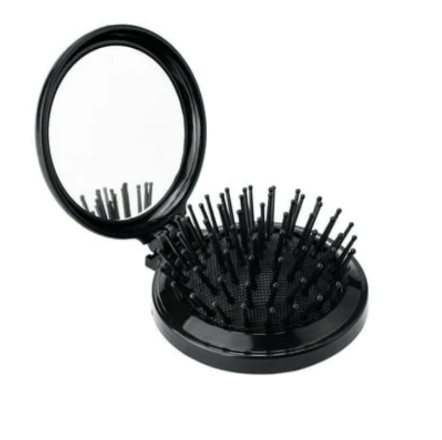 Round Folding Pocket Hair Brush with Mirror for Travel - Random Colour