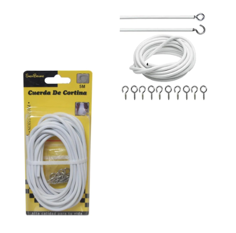 Net Curtain Wire Window Cord Cable with Hooks for Indoor Outdoor 5m - White