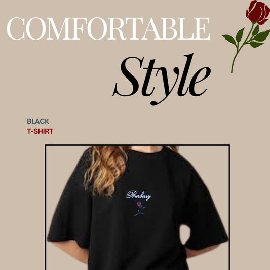 Burberry Short Sleev Tee shirt cotton crew neck Soft, breathable  with a classic fit. Perfect for everyday wear, layering, or lounging in comfort and style wit rose logo- Black