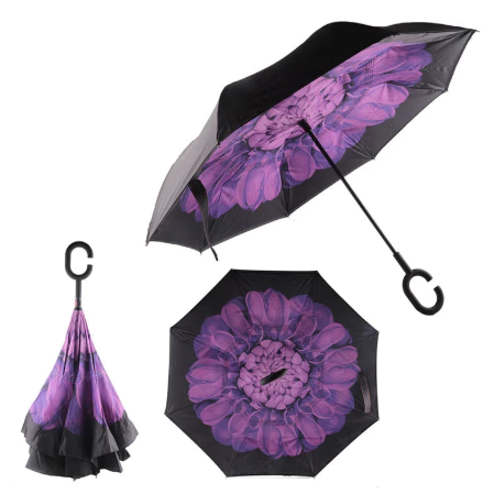 Reverse Inverted Double Layer Umbrella with C Handle Assorted Designs 80cm