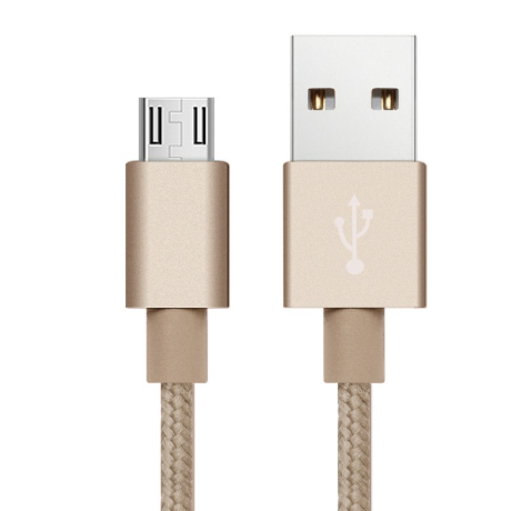 2m High Quality Metal Knit Weave Braid Micro USB Data Cable - Gold