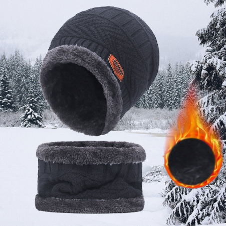 Beanie Hat Scarf Set Neck Cover Winter Warm Fleece Knitted Thick Ski Cap - Grey