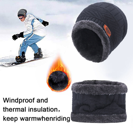 Beanie Hat Scarf Set Neck Cover Winter Warm Fleece Knitted Thick Ski Cap - Grey