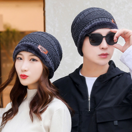 Beanie Hat Scarf Set Neck Cover Winter Warm Fleece Knitted Thick Ski Cap - Grey